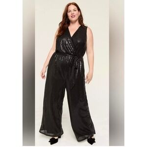 Lane Bryant Black Sequin Wide Leg Jumpsuit 18/20 Flutter Sleeve Belted